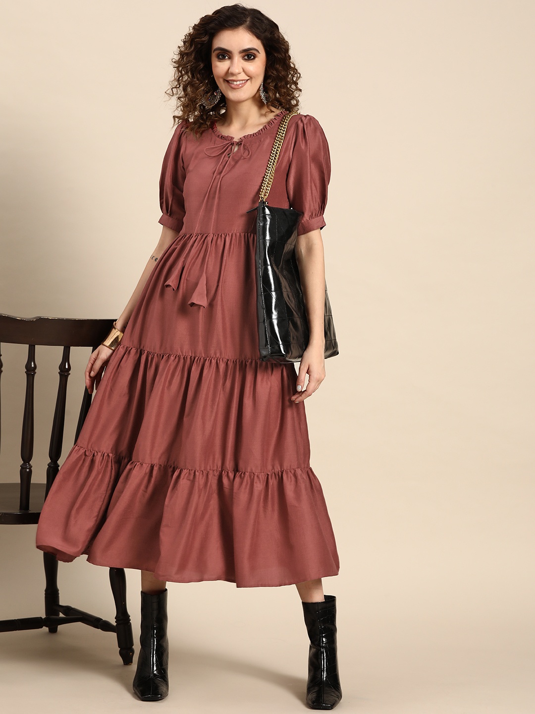 

Sangria Women Solid Fit and Flare Tiered Dress, Rust