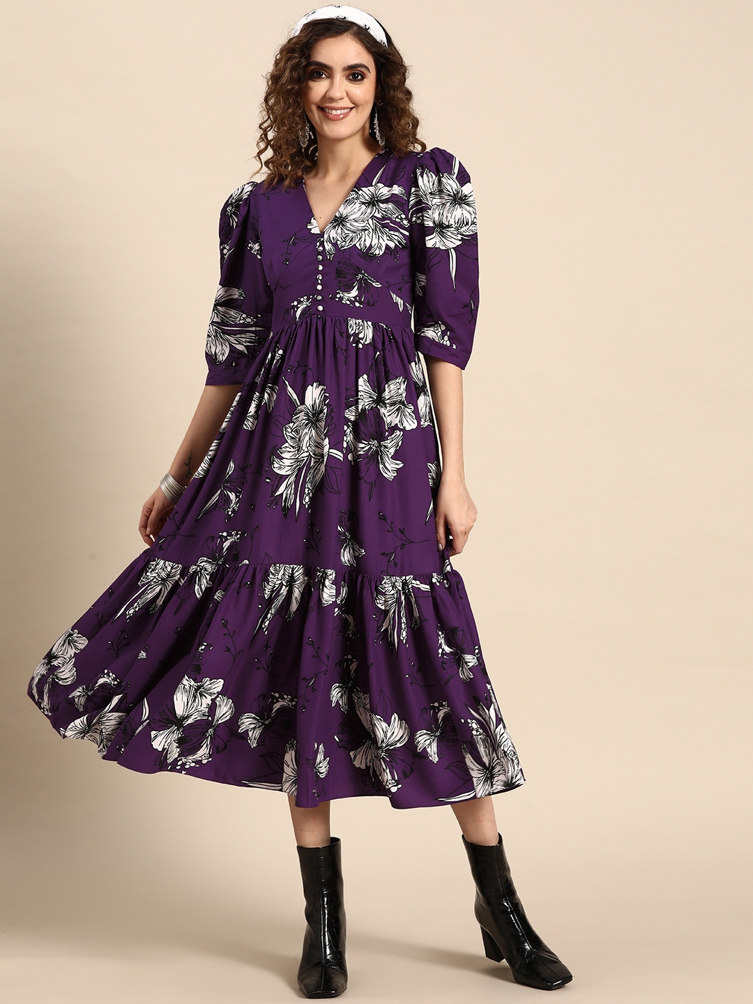 

Sangria Women Floral Printed A-Line Dress, Purple