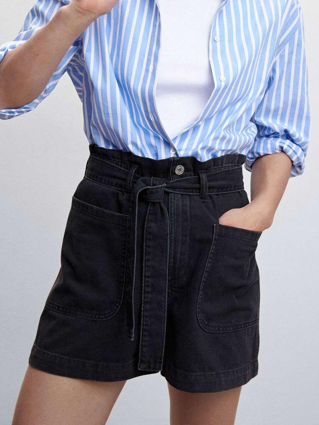 

MANGO Women High-Rise Paper-Bag Denim Shorts, Charcoal