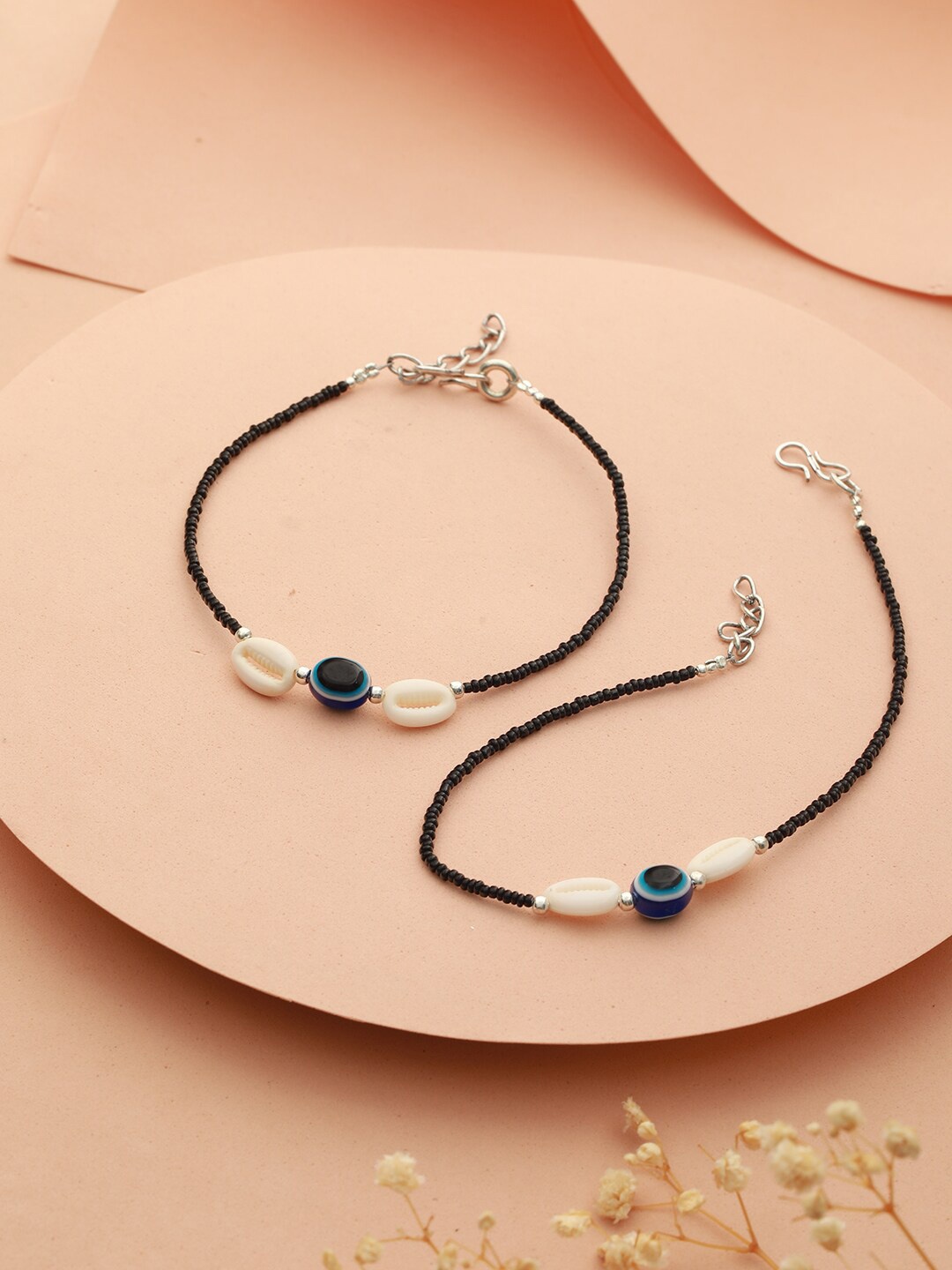 

Saraf RS Jewellery Set Of 2 Silver Plated Evil Eye Beaded Anklet, Black