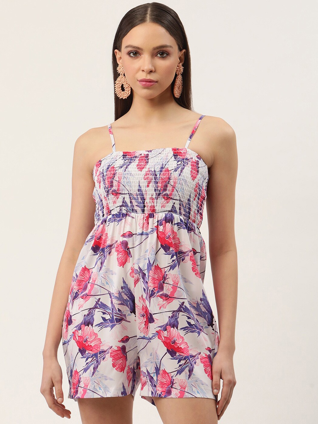 

Sleek Italia Printed Smocked Playsuit, White