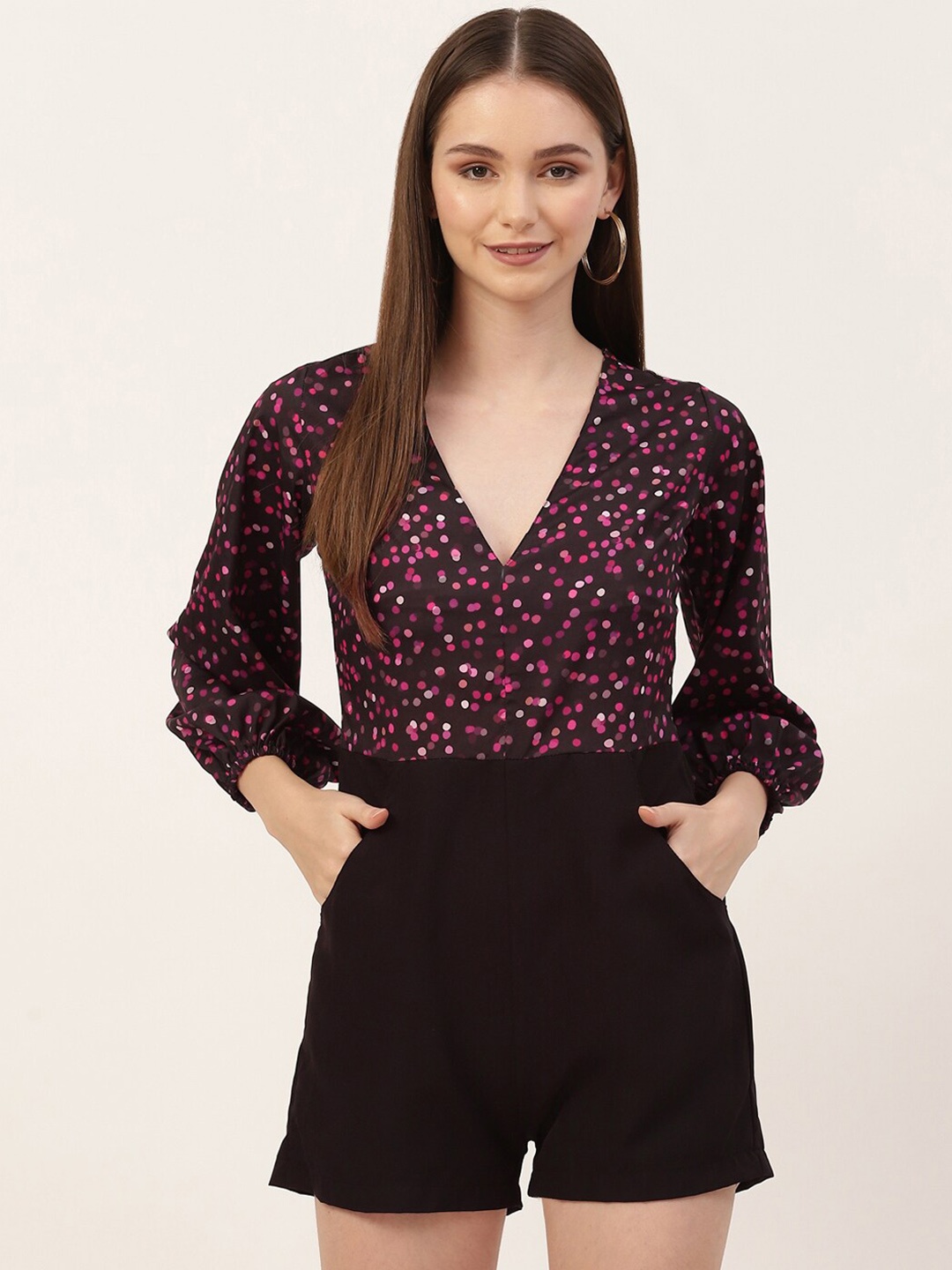 

Sleek Italia Floral Printed Cuffed Sleeves Play Suit, Black