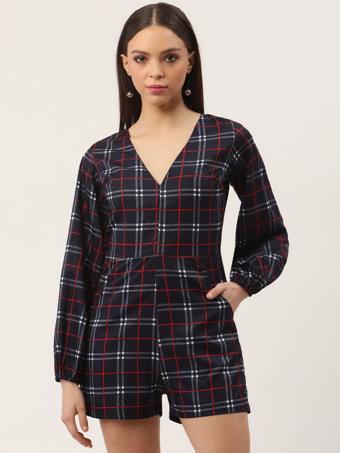 

Sleek Italia Checked V-Neck Playsuit, Navy blue