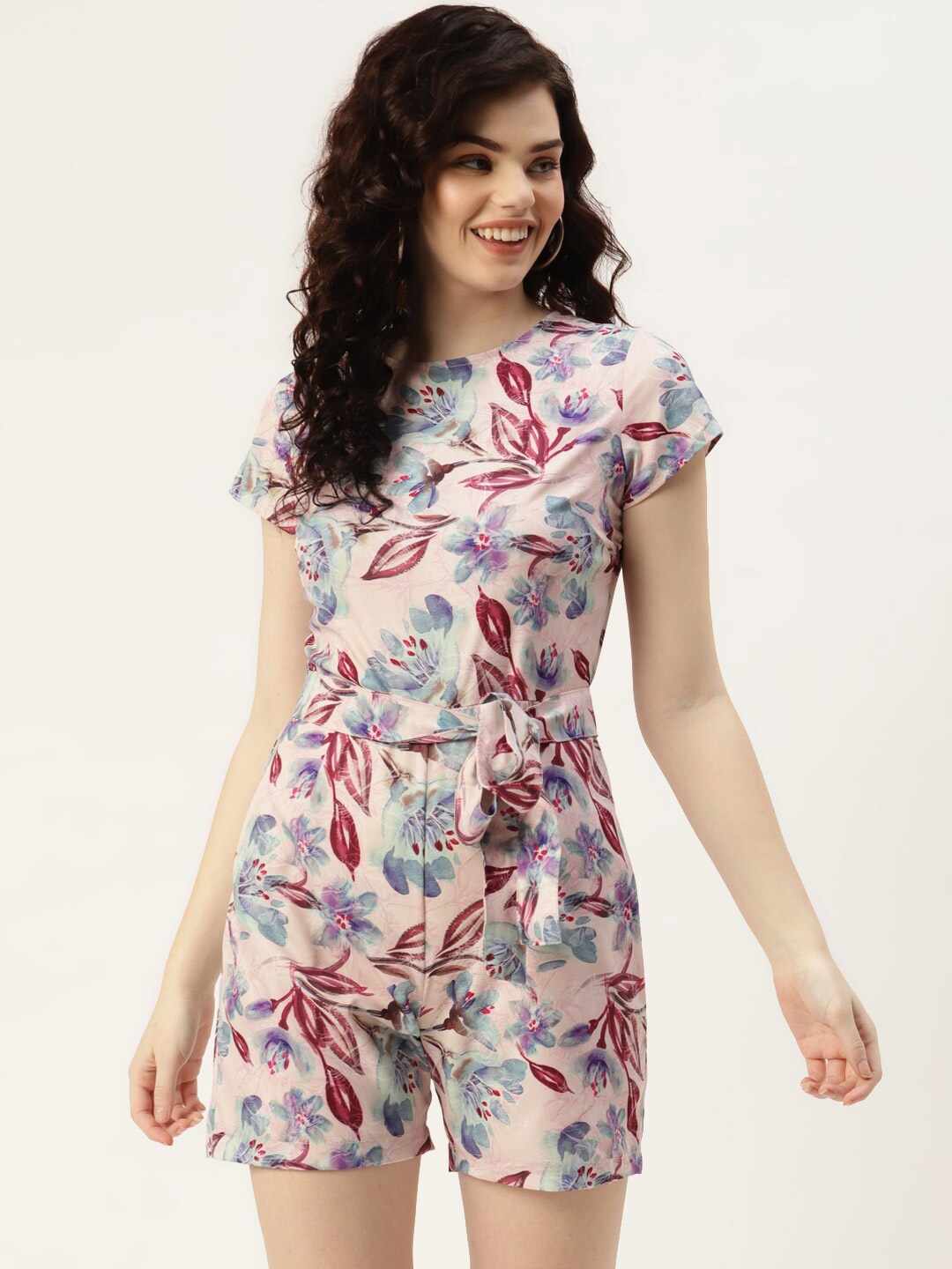 

Sleek Italia Floral Printed Waist Tie-Up Playsuit, Beige