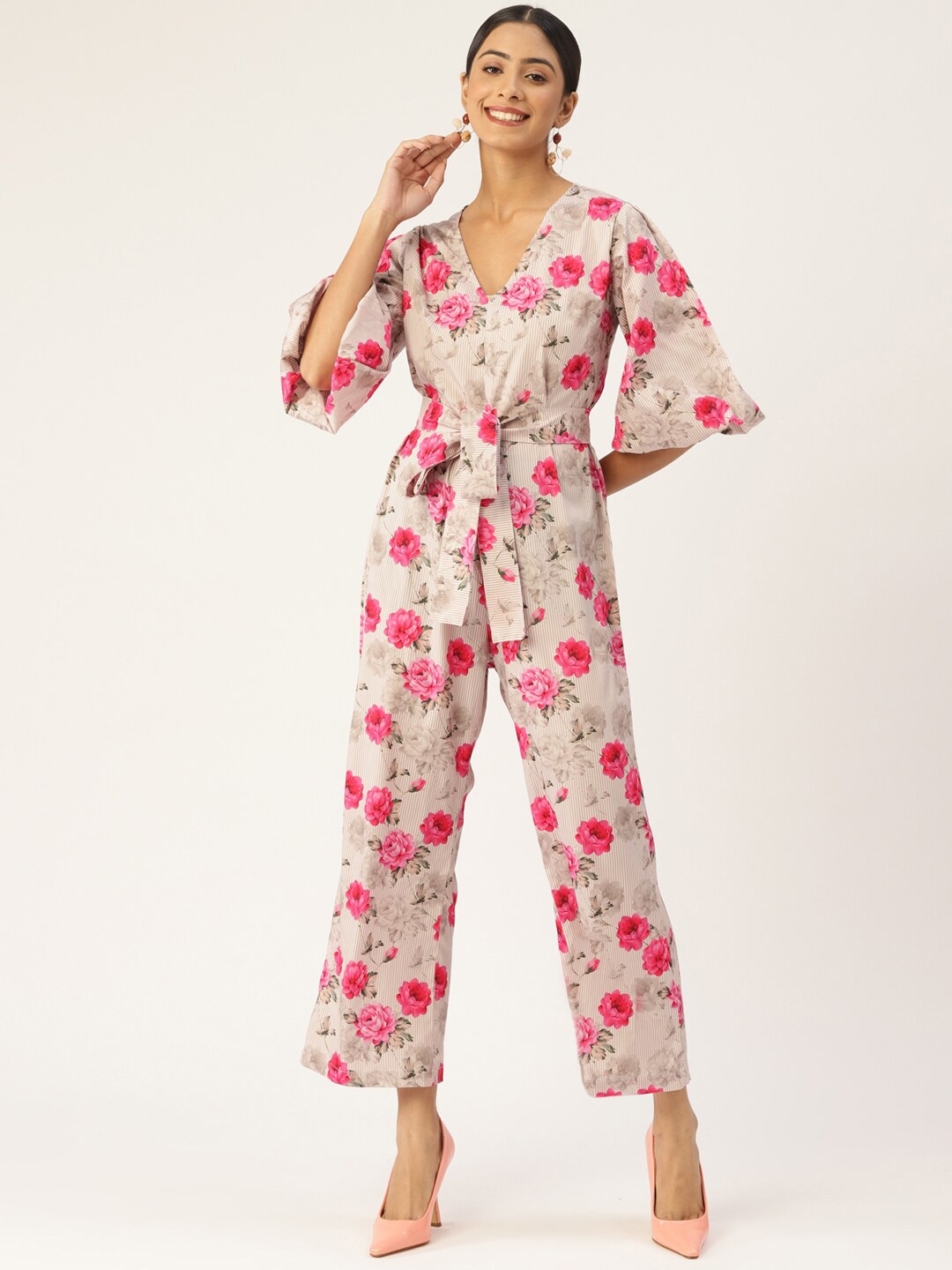 

Sleek Italia Floral Printed Bell Sleeves Basic Jumpsuit, Beige