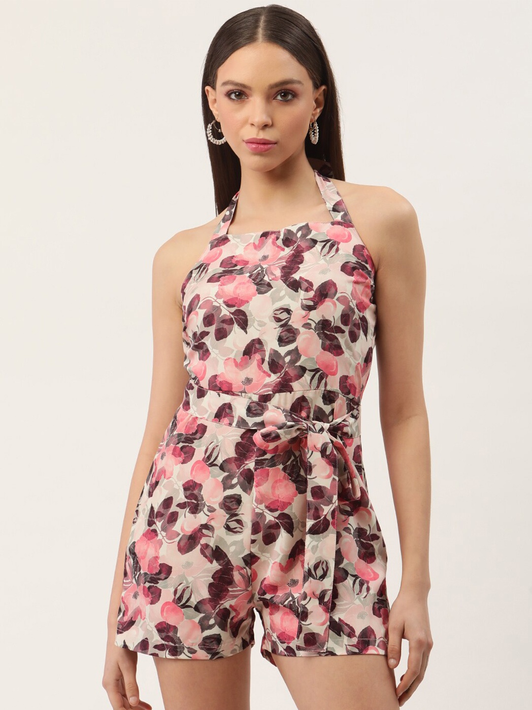 

Sleek Italia Floral Printed Halter Neck Playsuit, Beige