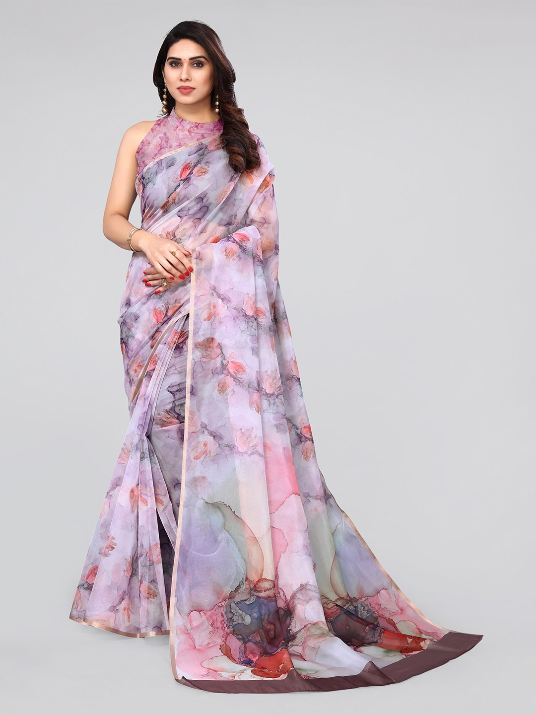 

MIRCHI FASHION Lavender & Pink Floral Printed Zari Organza Saree