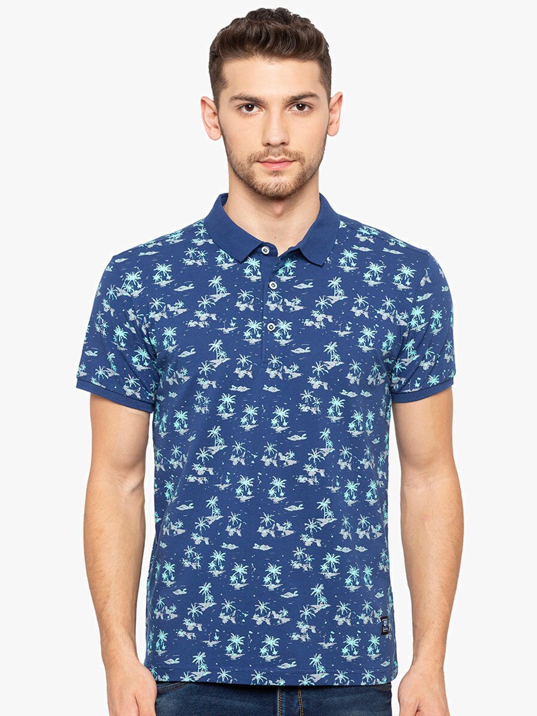 

Status Quo Tropical Printed Polo Collar T-Shirt, Blue