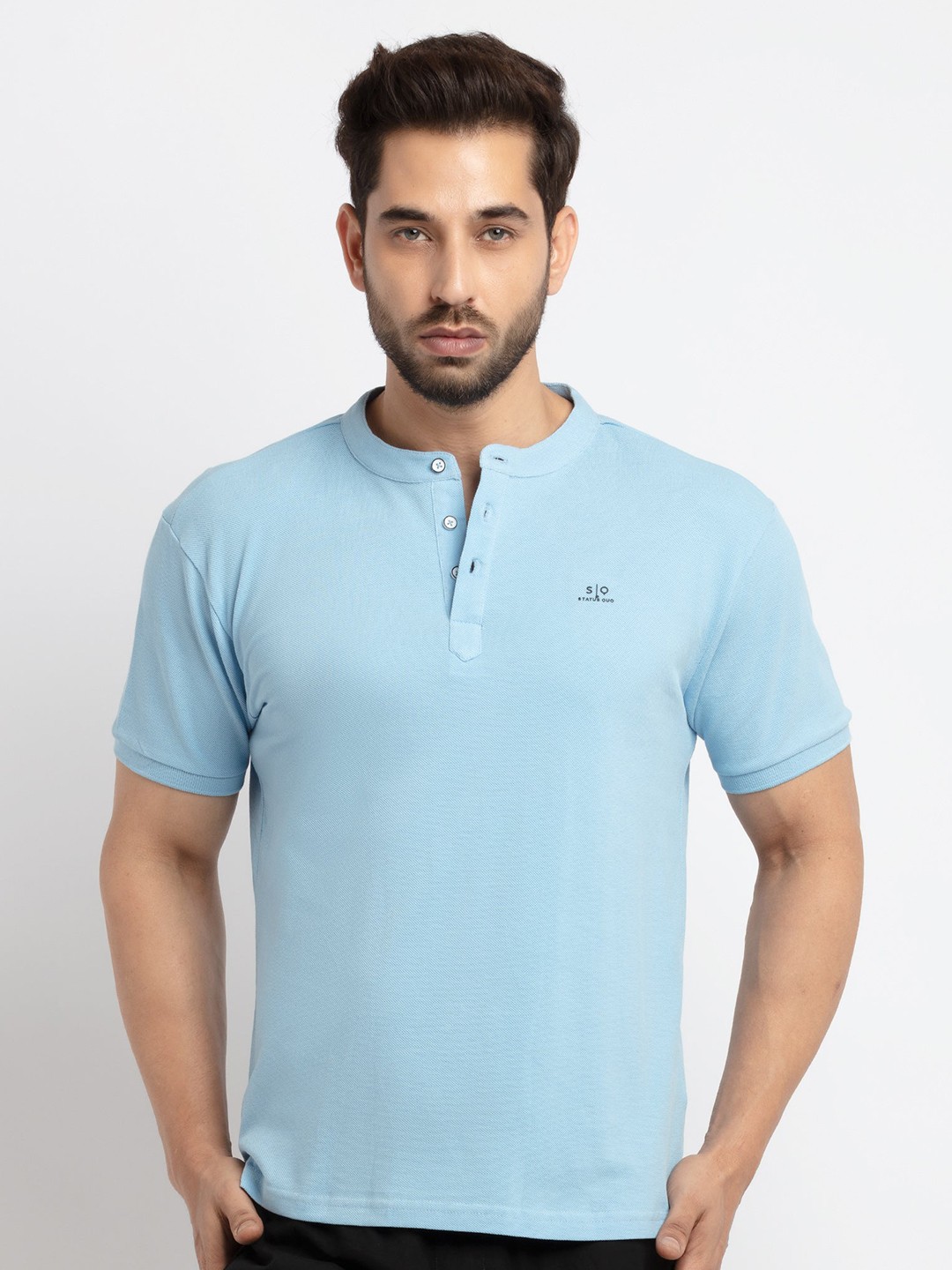 

Status Quo Henley Neck Short Sleeves Cotton T-Shirt, Blue