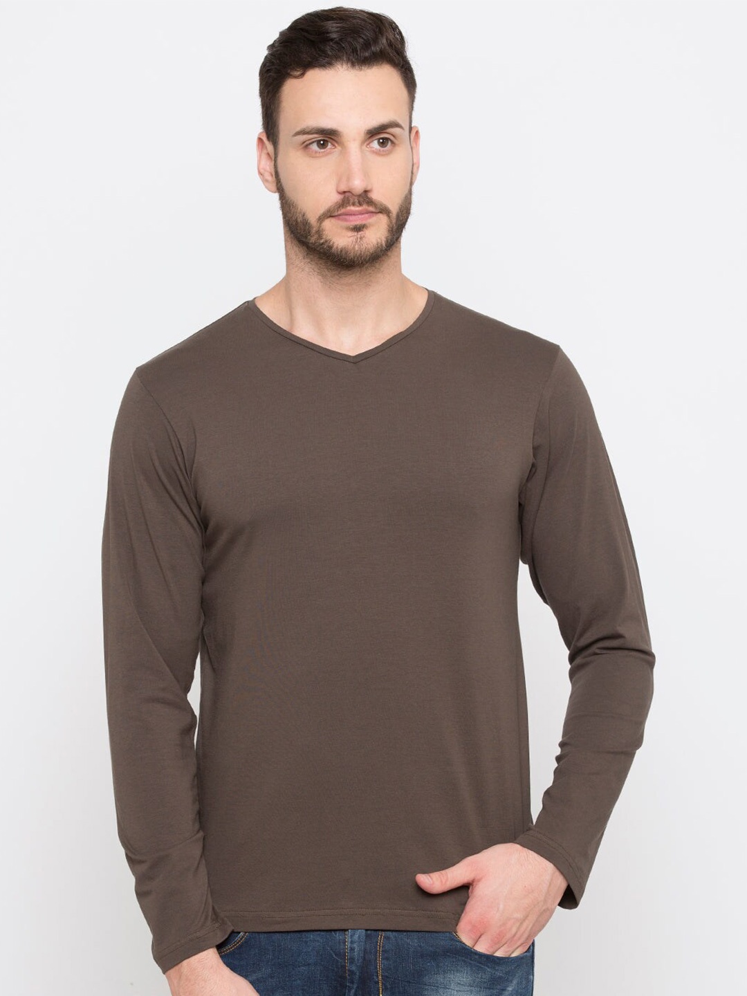 

Status Quo V-Neck Regular Fit Cotton T-shirt, Brown