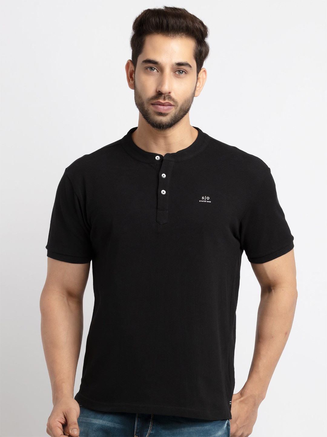 

Status Quo Henley Neck Half Sleeve Cotton T-shirt, Black