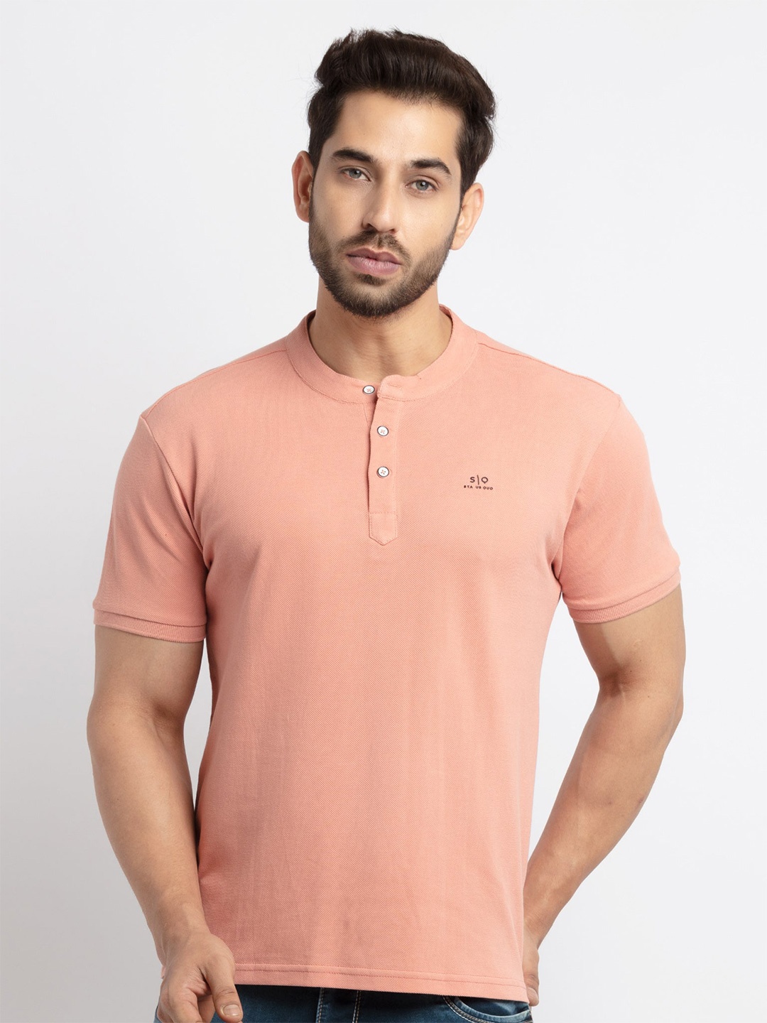 

Status Quo Henley Neck Short Sleeves Cotton T-Shirt, Coral