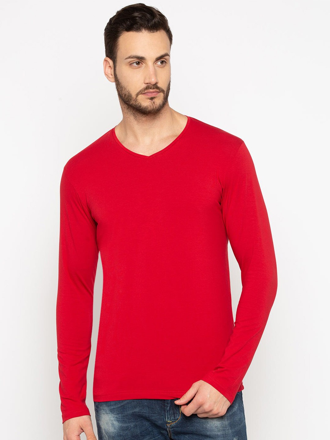 

Status Quo V-Neck Full Sleeve Cotton T-shirt, Red