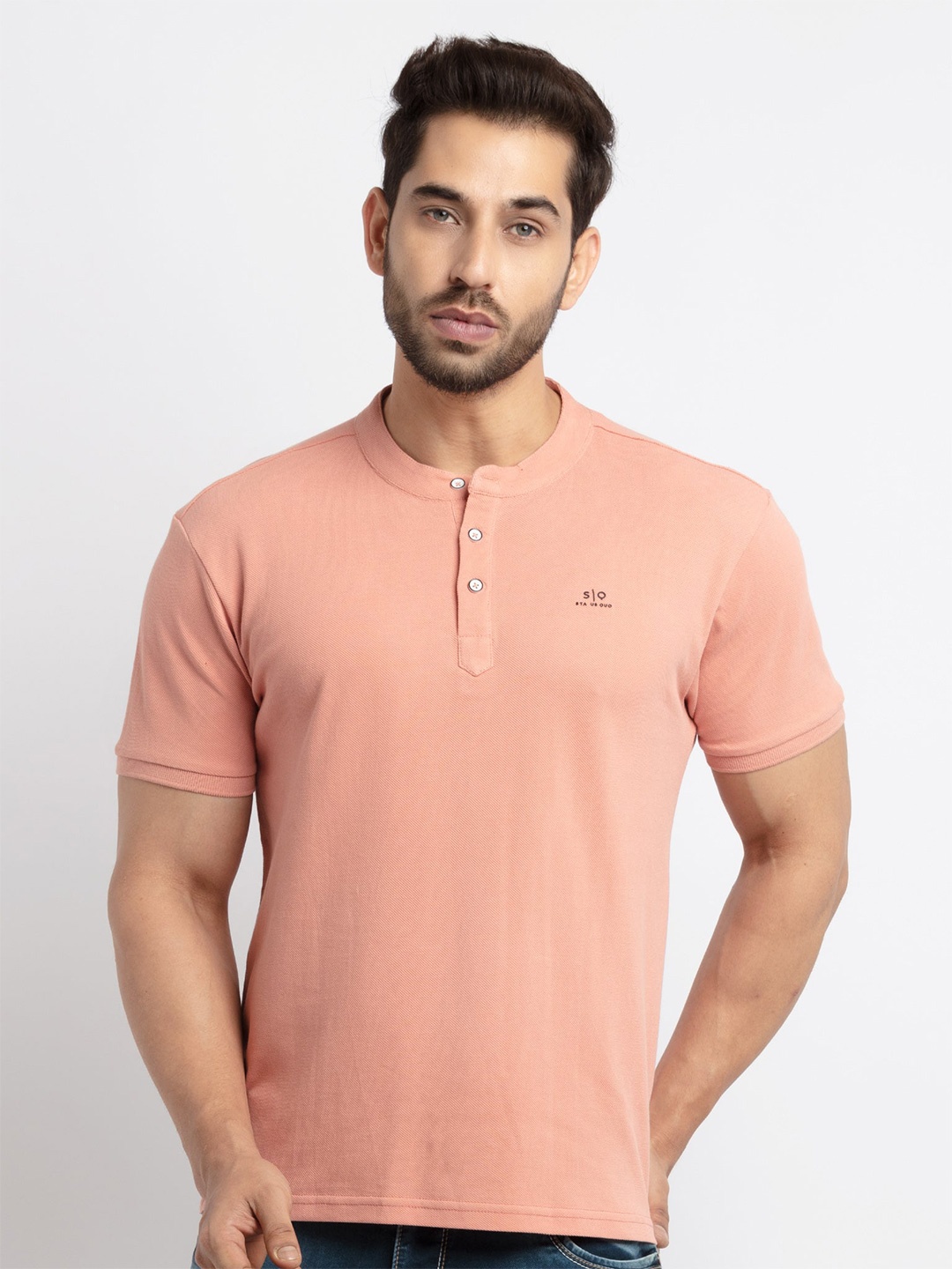 

Status Quo Henley Neck Short Sleeves T-shirt, Coral
