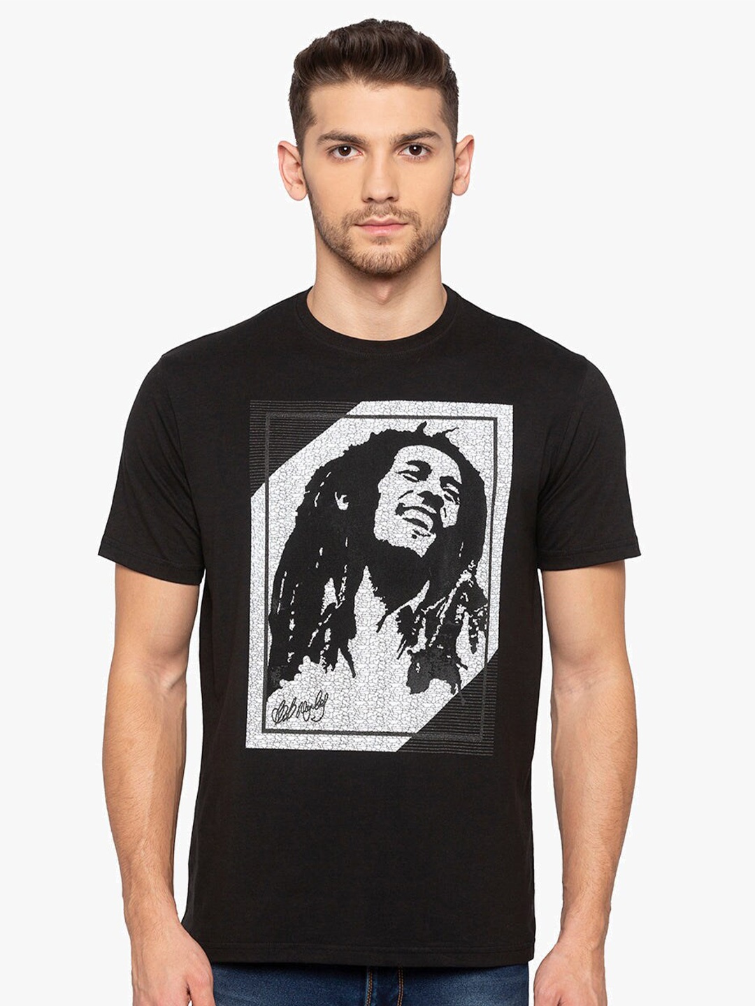 

Status Quo Graphic Printed Round Neck Cotton T-shirt, Black