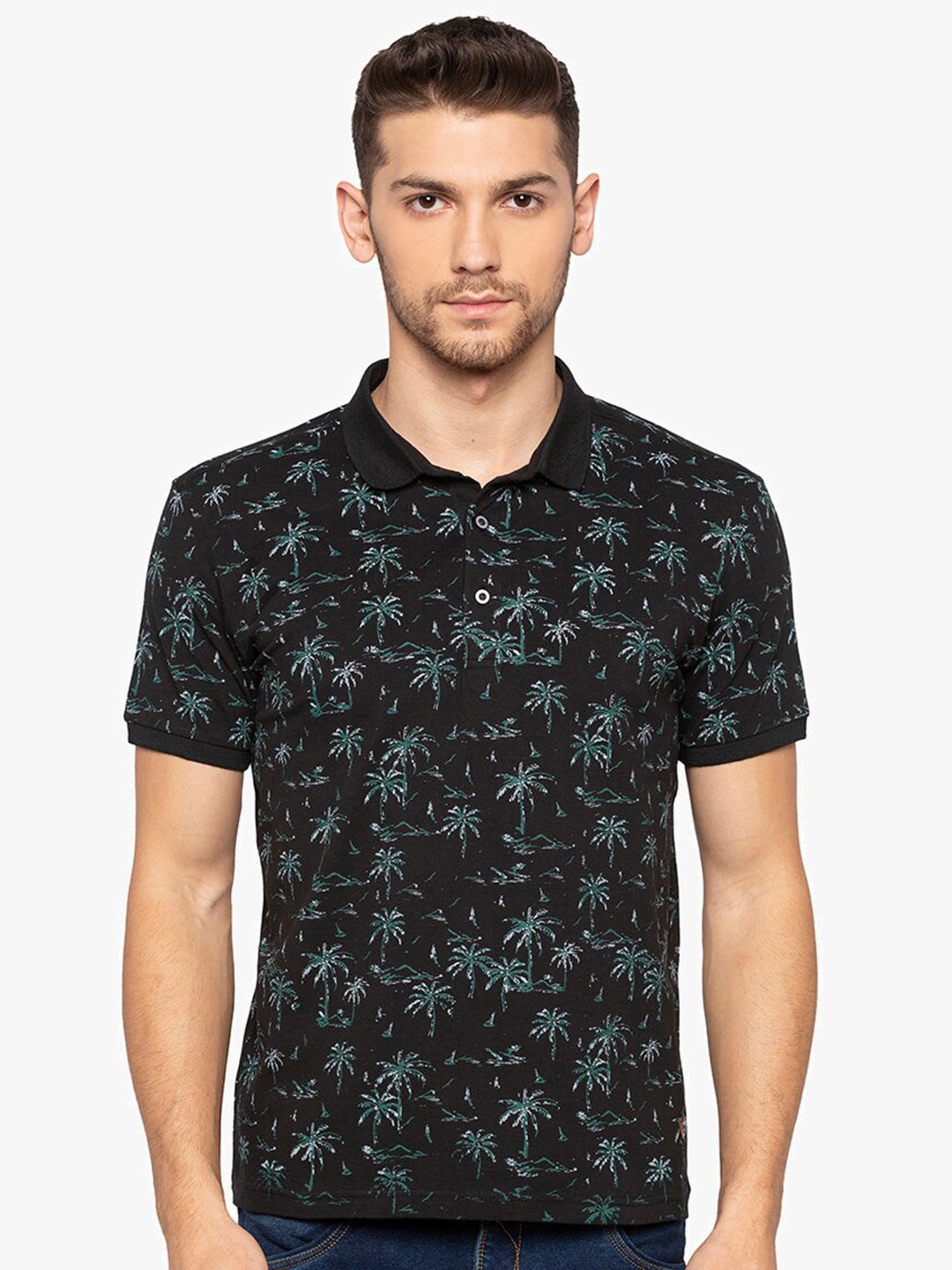 

Status Quo Tropical Printed Polo Collar Pure Cotton T-shirt, Black