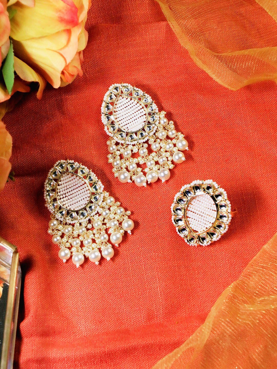 

Ishhaara Brass-Plated Contemporary Drop Earrings & Ring Set, Gold