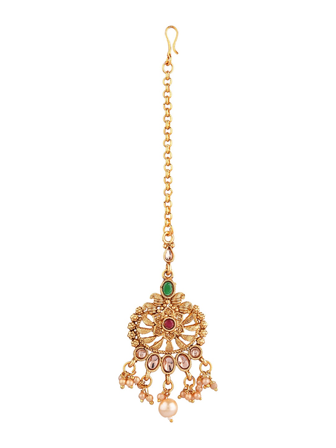 

FEMMIBELLA Gold-Plated Stone-Studded & Faux Pearls-Beaded Maang Tika
