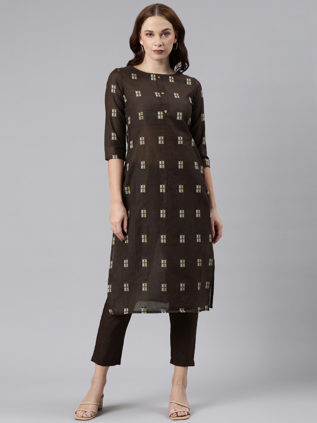 

KALINI Geometric Woven Design Kurta With Trousers, Brown