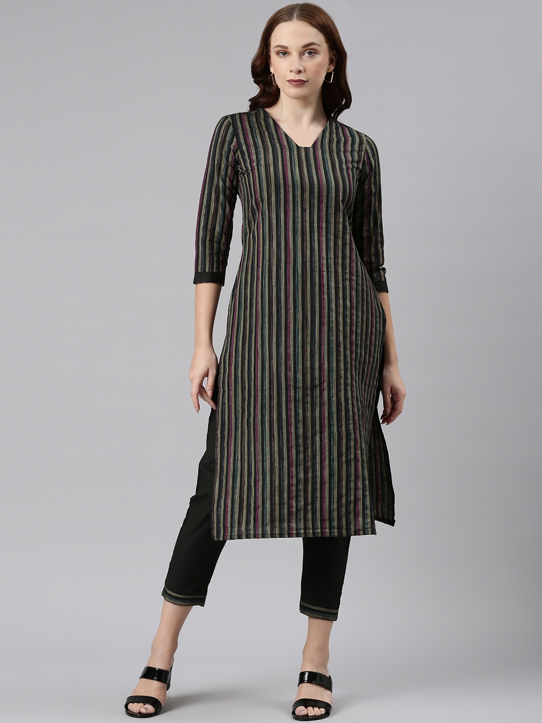 

KALINI Striped Kurta With Trousers, Black