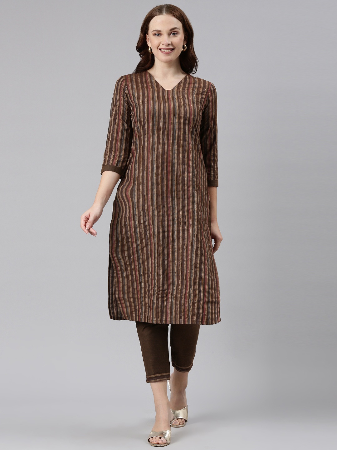 

KALINI Striped Kurta With Trousers, Brown