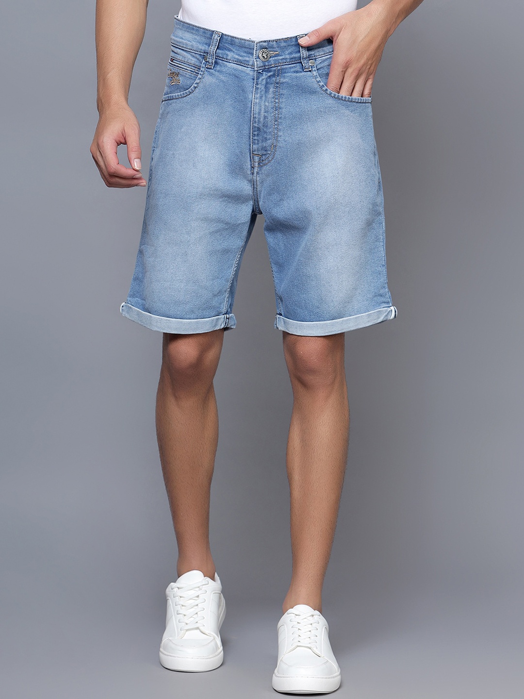 

Cantabil Men Mid-Rise Knee Length Washed Cotton Denim Shorts, Blue