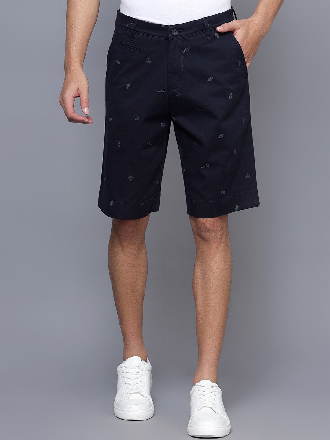 

Cantabil Men Conversational Printed Mid-Rise Knee Length Cotton Chino Shorts, Navy blue