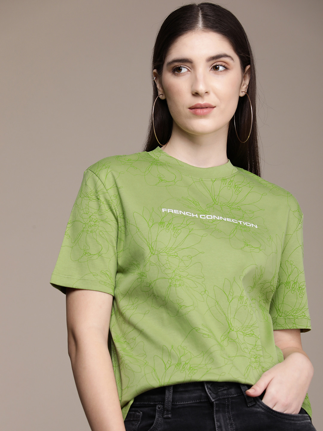 

French Connection Printed Drop-Shoulder Sleeves Pure Cotton T-shirt, Green