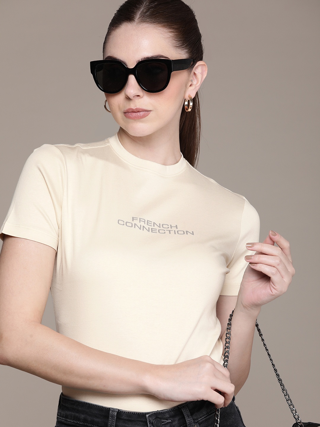 

French Connection Brand Logo Printed Pure Cotton T-shirt, Beige