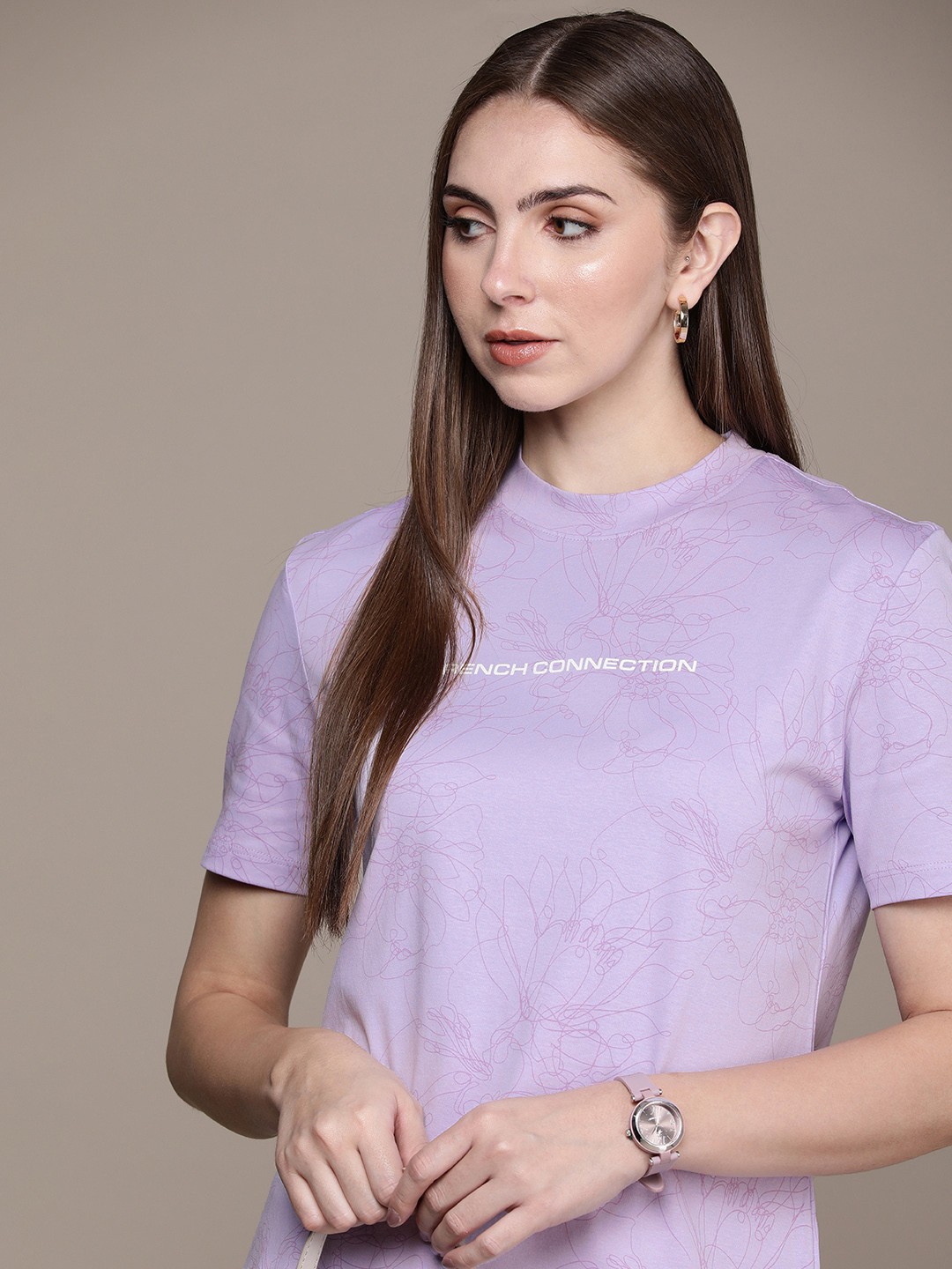 

French Connection Printed Pure Cotton T-shirt, Lavender