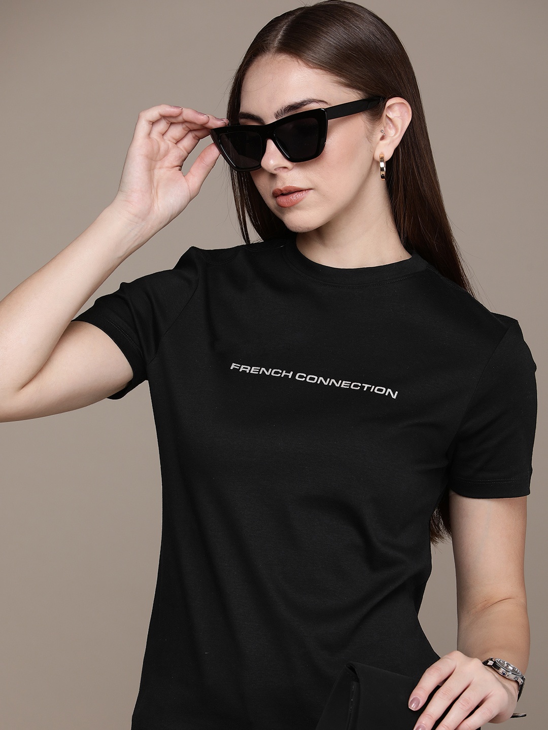 

French Connection Printed Pure Cotton T-shirt, Black