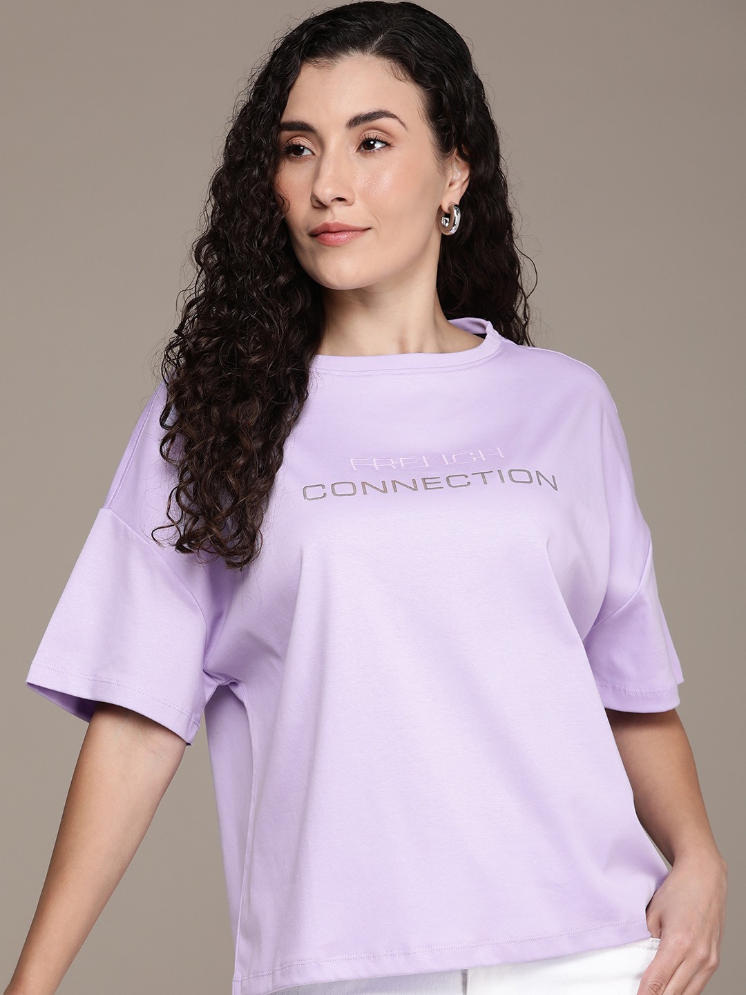 

French Connection Brand Logo Printed Drop-Shoulder Sleeves Pure Cotton T-shirt, Lavender