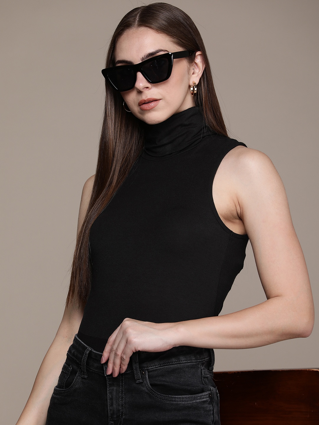 

French Connection Turtle Neck Solid Casual Tank Top, Black