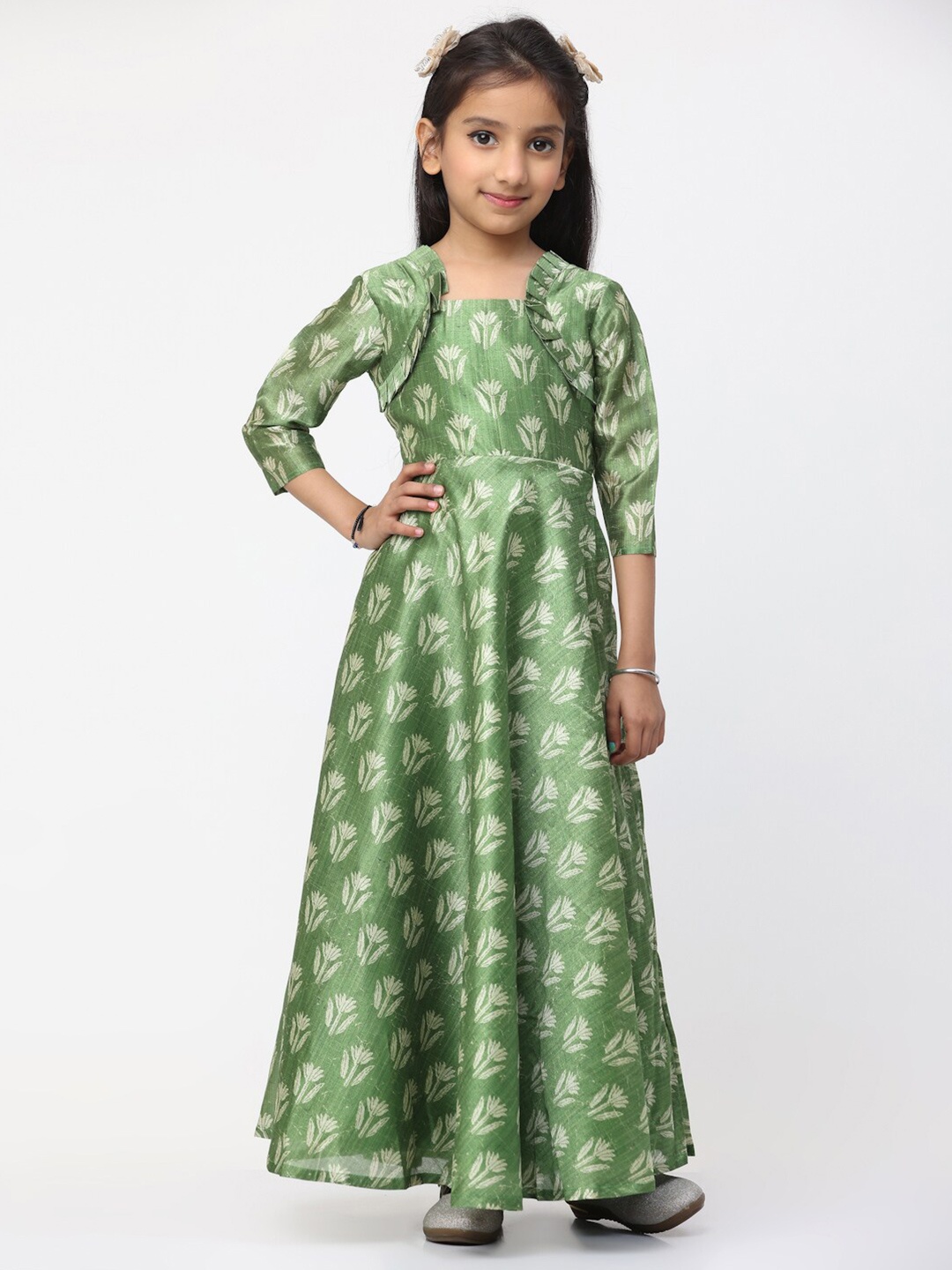 

Ethnovog Girls Floral Printed Silk Maxi Dress, Green