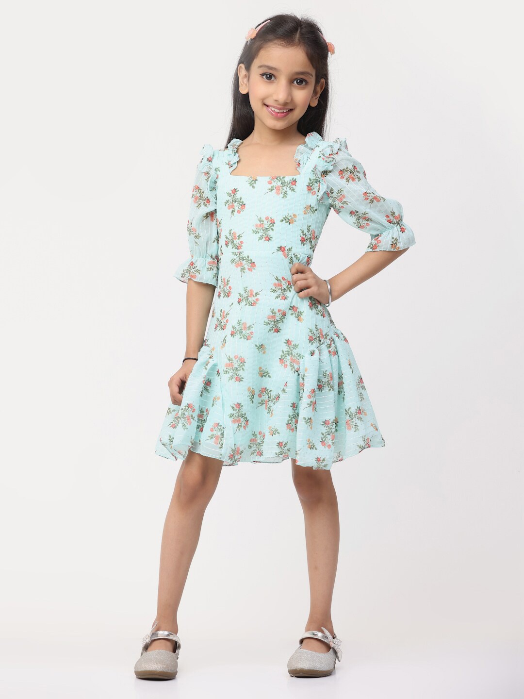 

Ethnovog Green Floral Print Puff Sleeve Georgette Fit & Flare Dress, Sea green