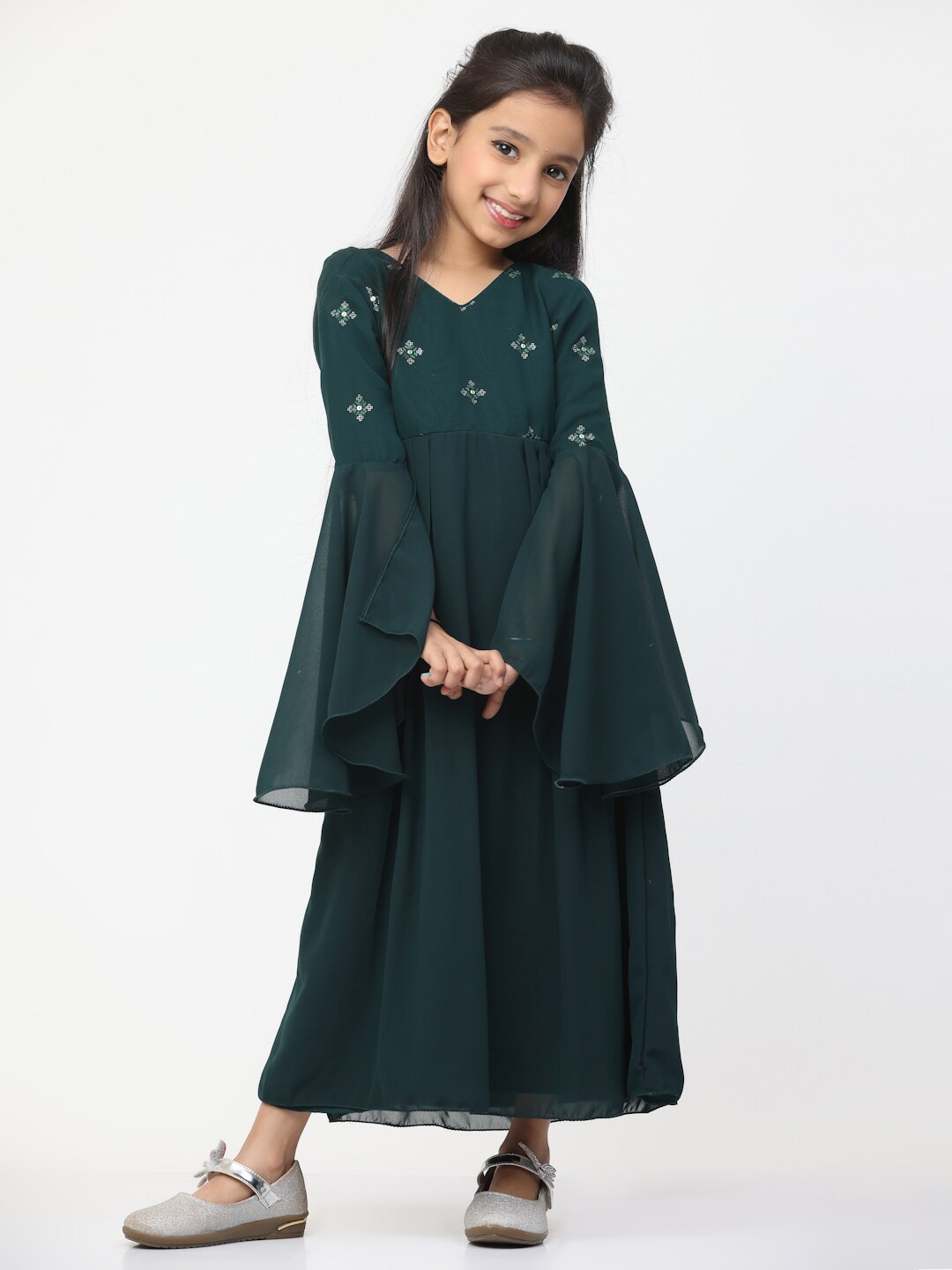 

Ethnovog Girls Flared Sleeve Embellished Georgette Fit & Flare Maxi Dress, Green