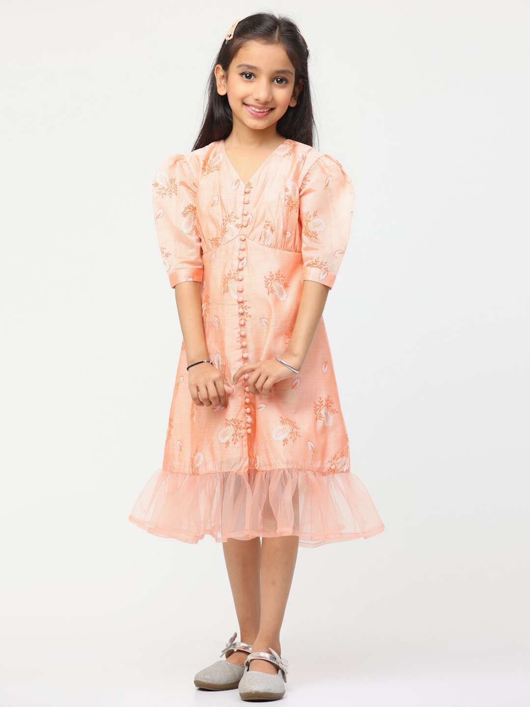 

Ethnovog Floral Printed V-Neck Puff Sleeves Fit & Flare Midi Dress, Peach