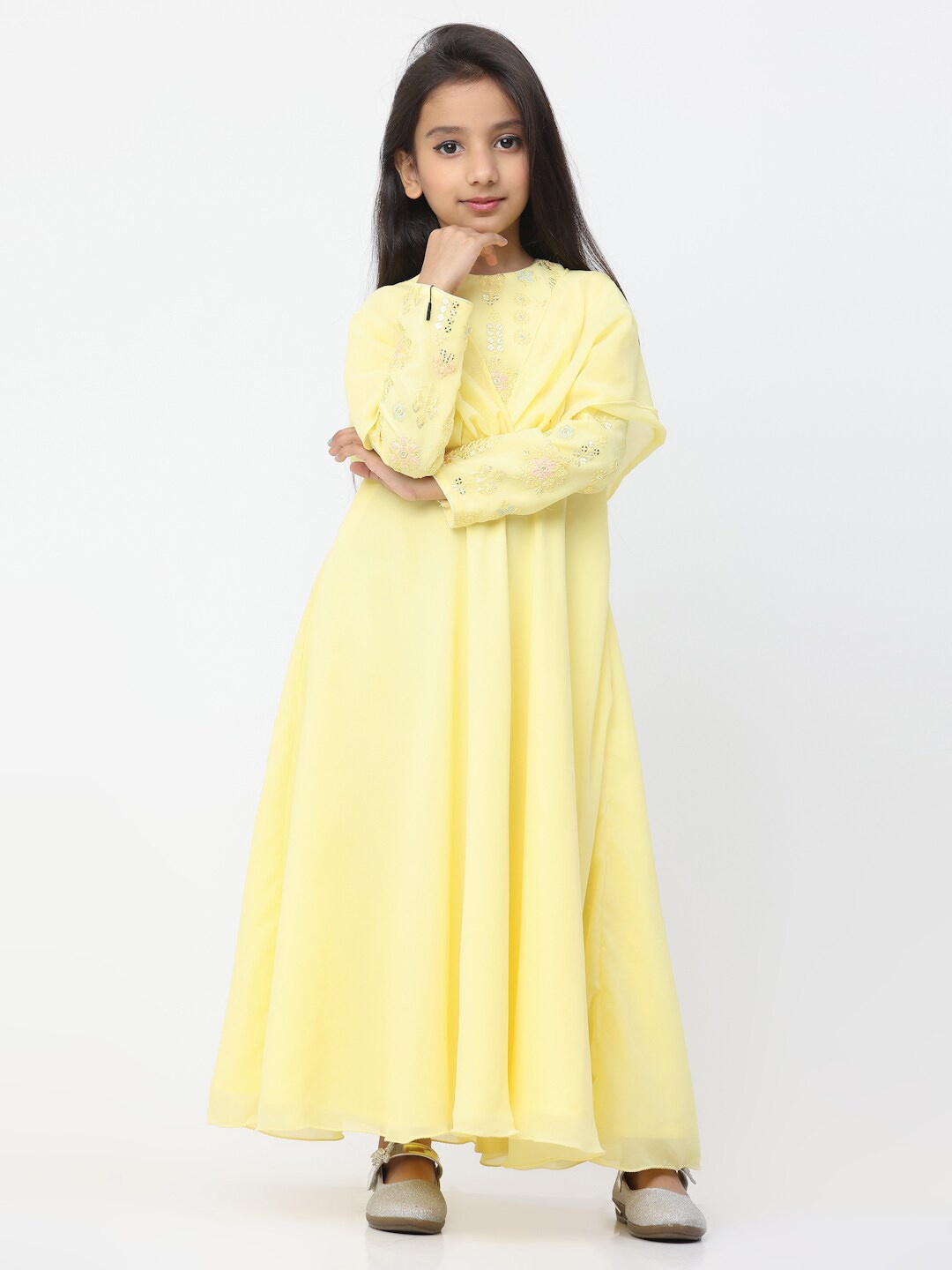 

Ethnovog Floral Embroidered Georgette Maxi Dress, Yellow