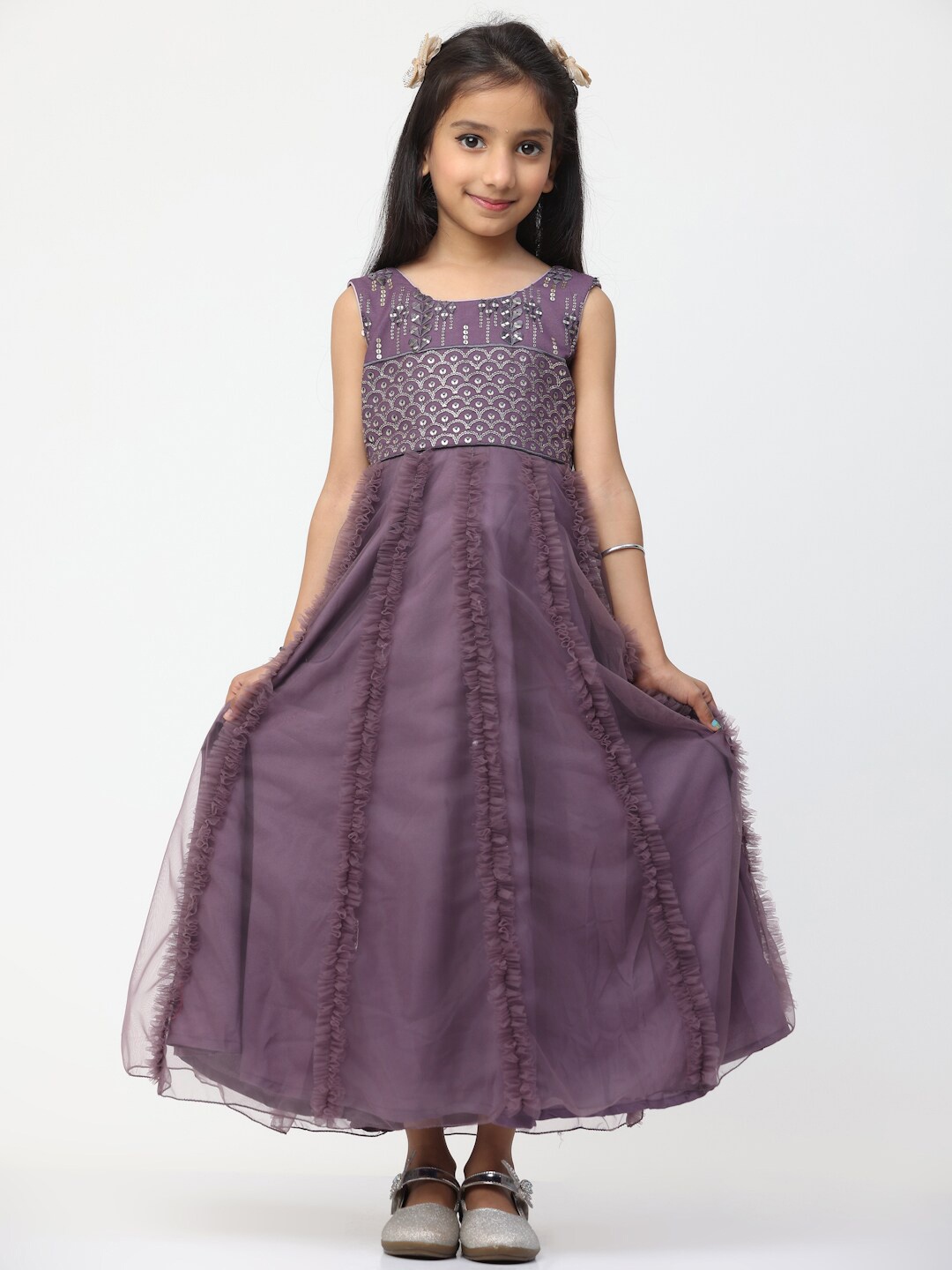 

Ethnovog Embroidered Net Ruffles Fit And Flare Maxi Dress, Purple