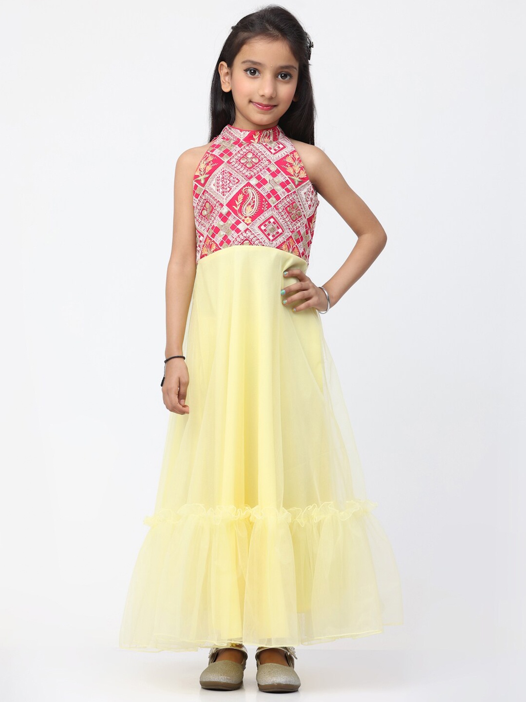 

Ethnovog Floral Embroidered Sequinned Net Halter Neck Maxi Dress, Yellow
