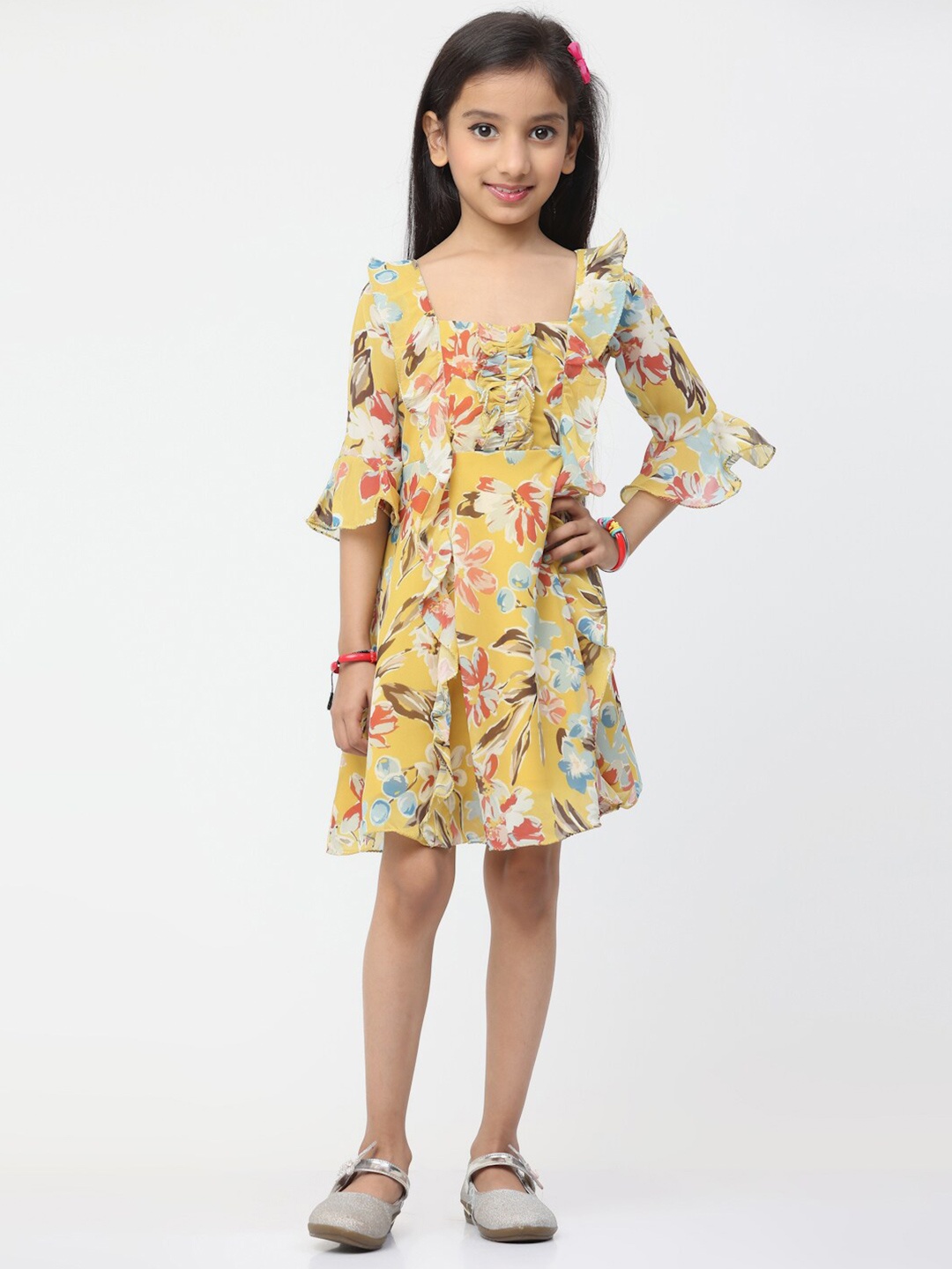 

Ethnovog Yellow Floral Printed Bell Sleeve Georgette A-Line Dress