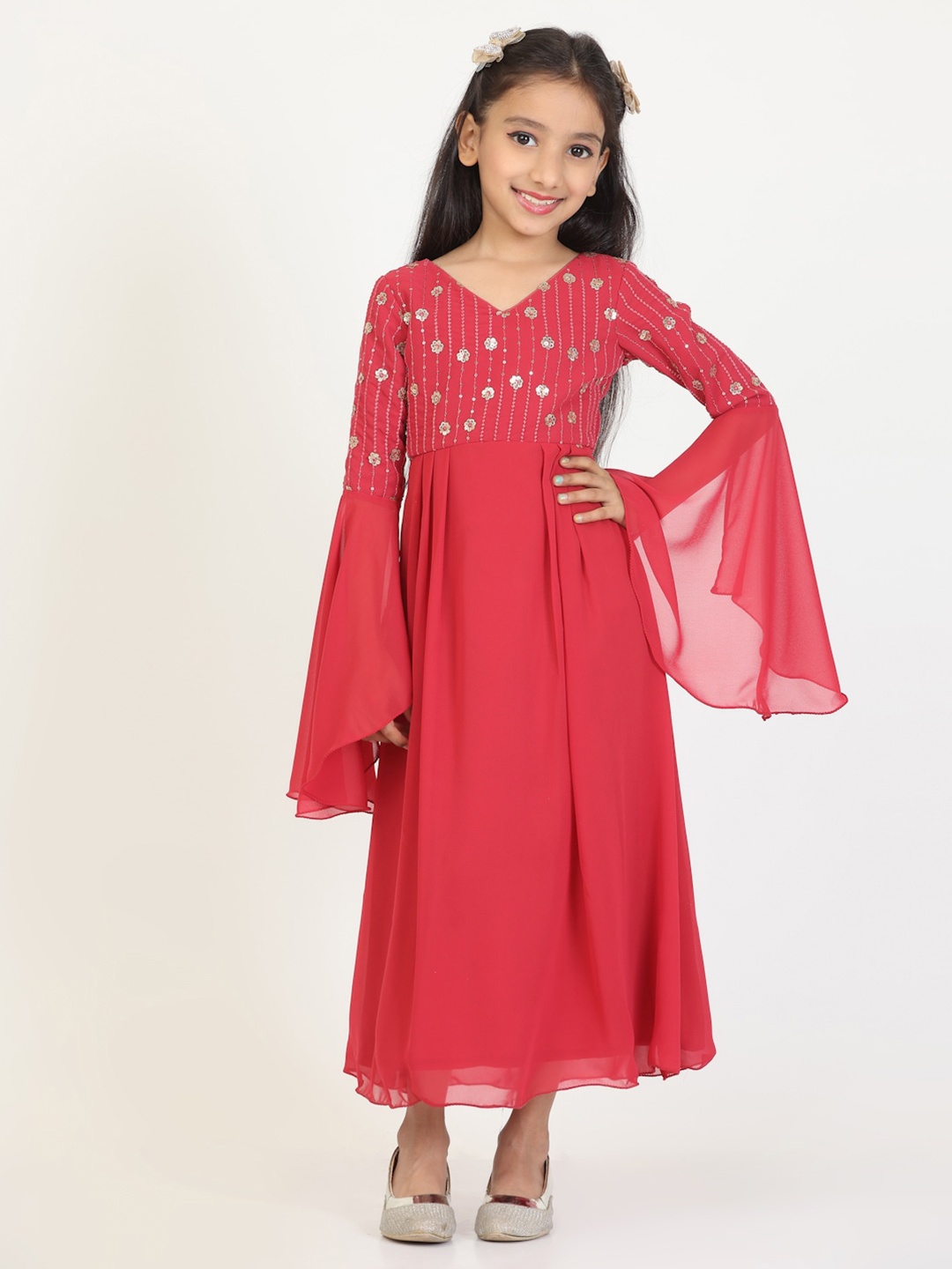 

Ethnovog Embroidered Sequinned Flared Sleeve Georgette Maxi Dress, Red