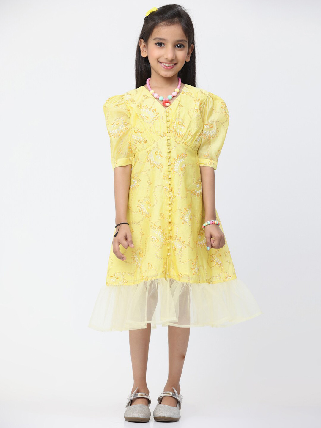 

Ethnovog Floral Printed V-Neck Puff Sleeves A-Line Midi Dress, Yellow