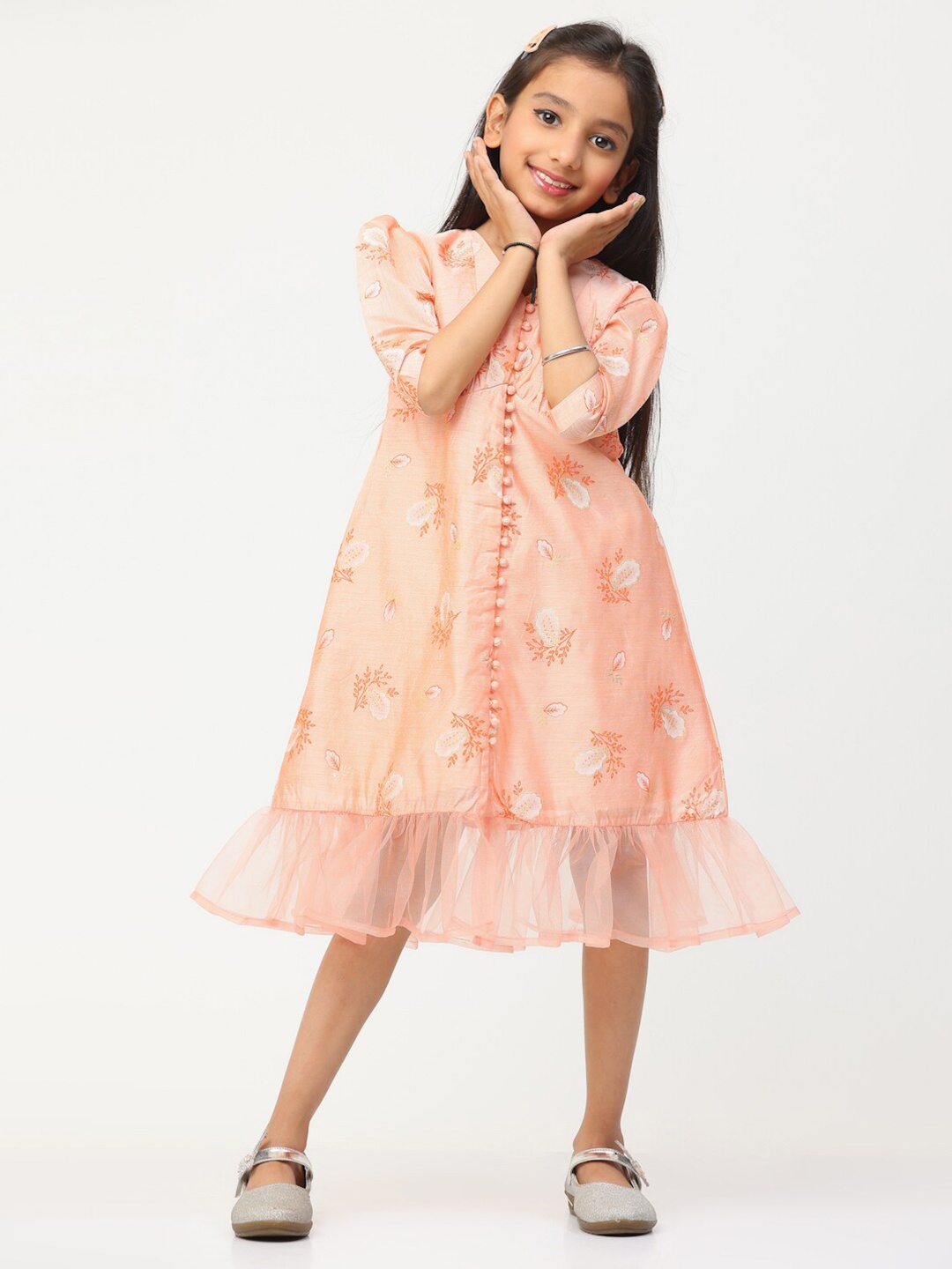 

Ethnovog Floral Print A-Line Silk Midi Dress, Peach
