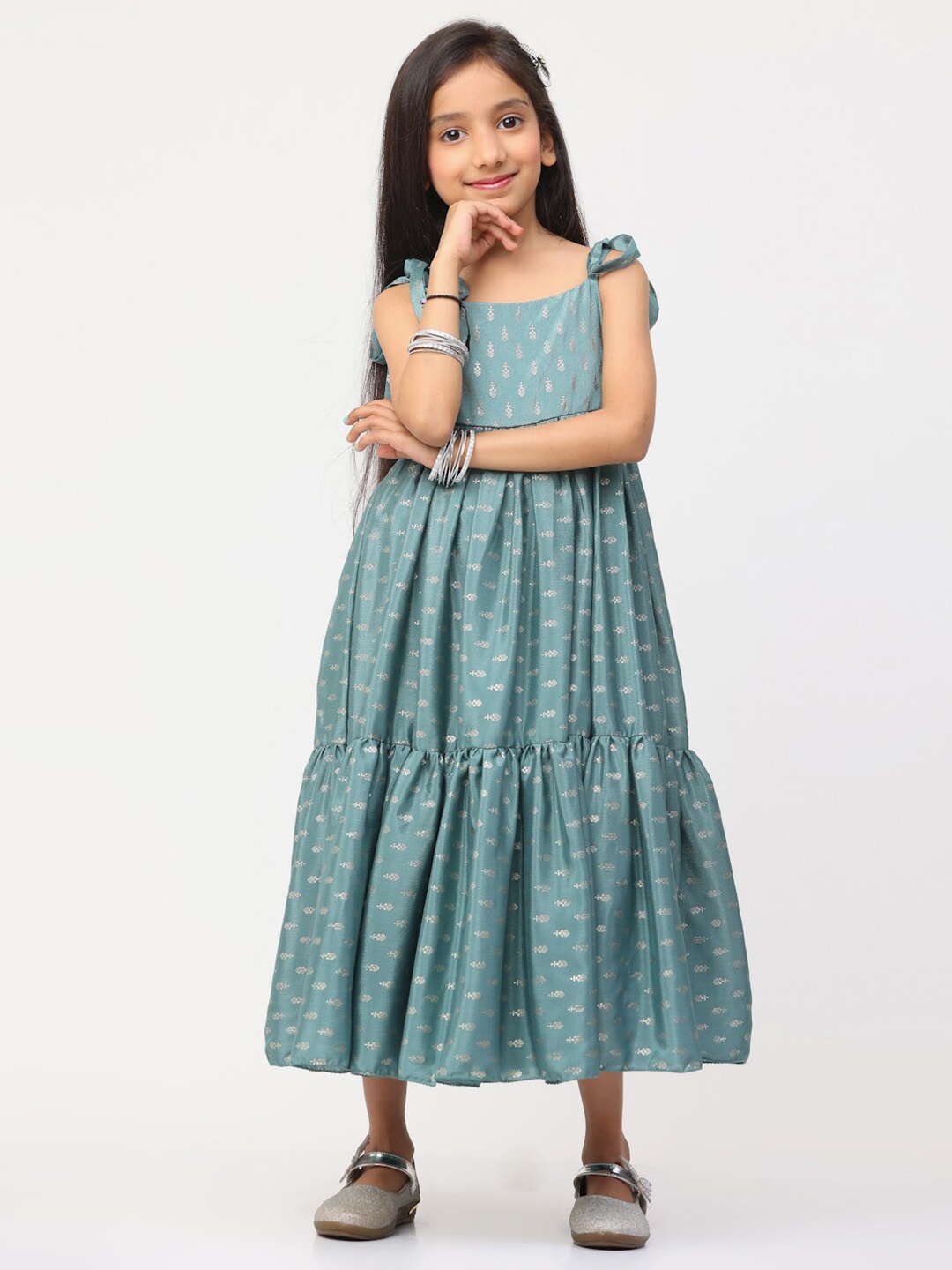 

Ethnovog Girls Ethnic Motifs Printed Fit & Flare Midi Dress, Green