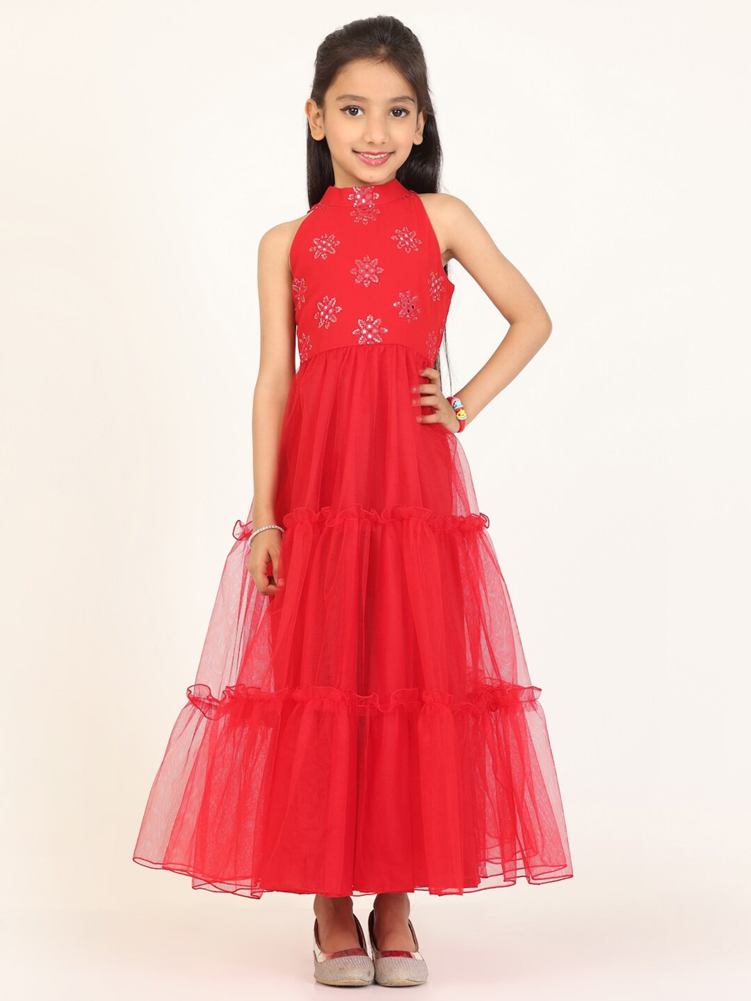 

Ethnovog Embroidered Mirror Work Net Tiered Maxi Dress, Red