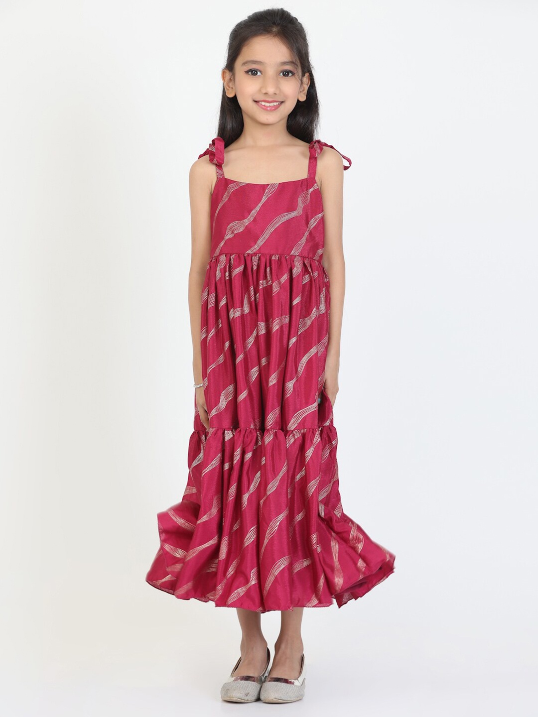 

Ethnovog Girls Striped Printed Fit & Flare Midi Dress, Rose