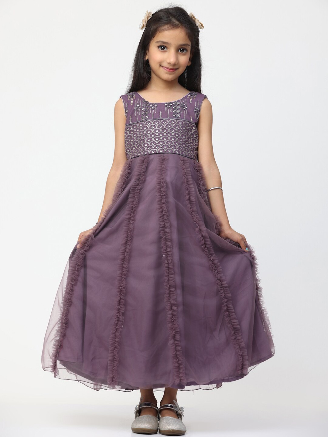 

Ethnovog Floral Embroidered Sleeveless Net Maxi Dress, Purple