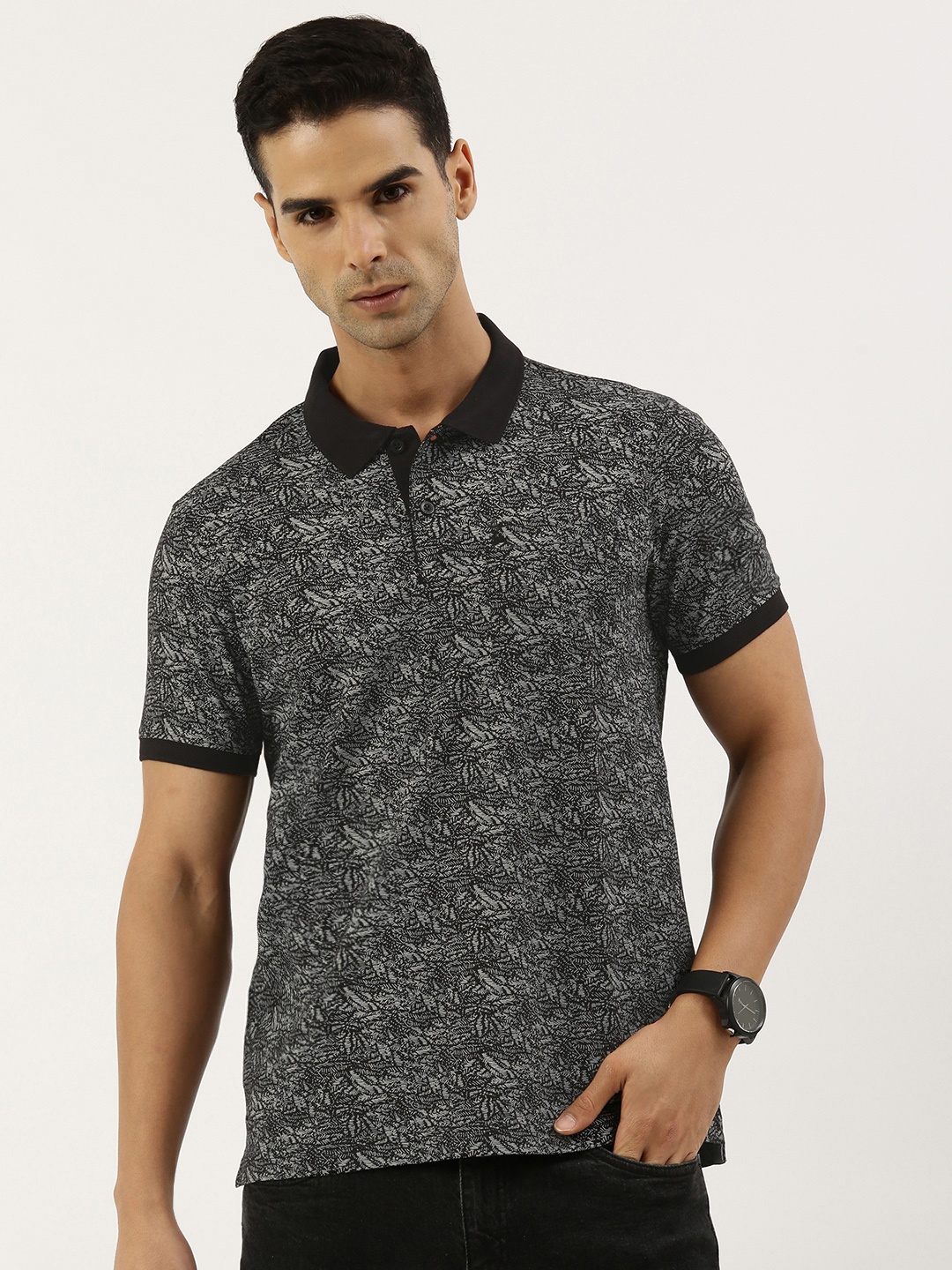 

Parx Tropical Printed Polo Collar Pure Cotton T-shirt, Black