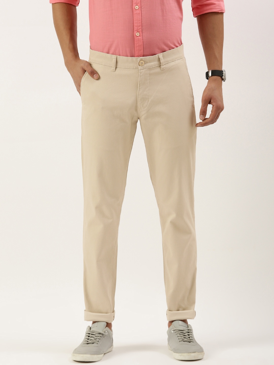 

Parx Men Printed Tapered Fit Low-Rise Chinos Trousers, Beige